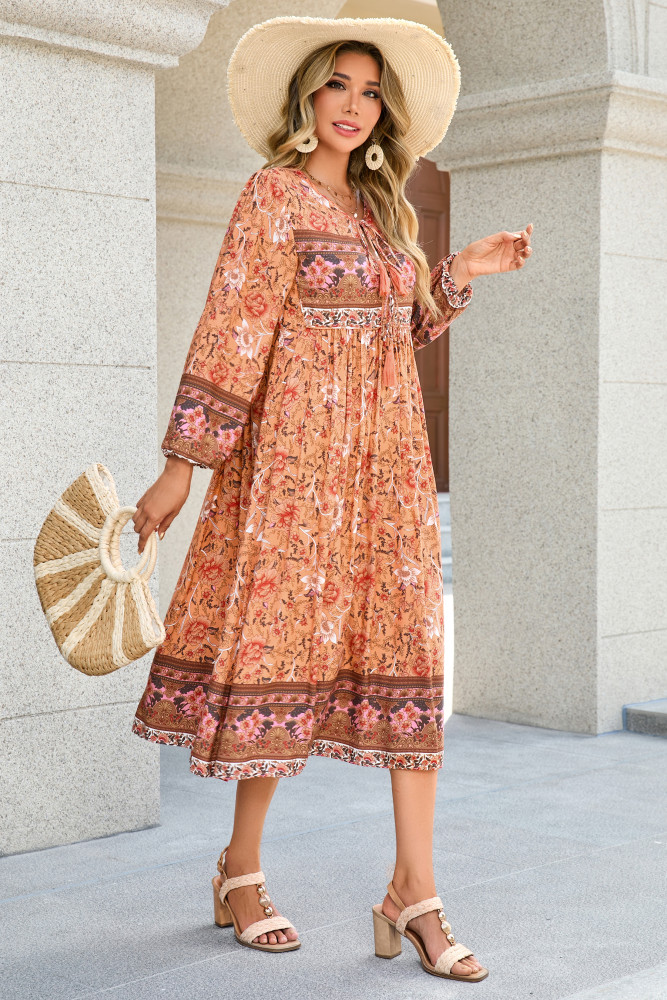 R.Vivimos Women's Long Sleeve Floral Print Retro V Neck Tassel Bohemian Midi Dresses