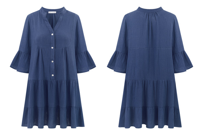 R.Vivimos Cotton Dresses for Women Summer V Neck 3/4 Flare Sleeve Button Front Casual Loose Tiered Mini Dress
