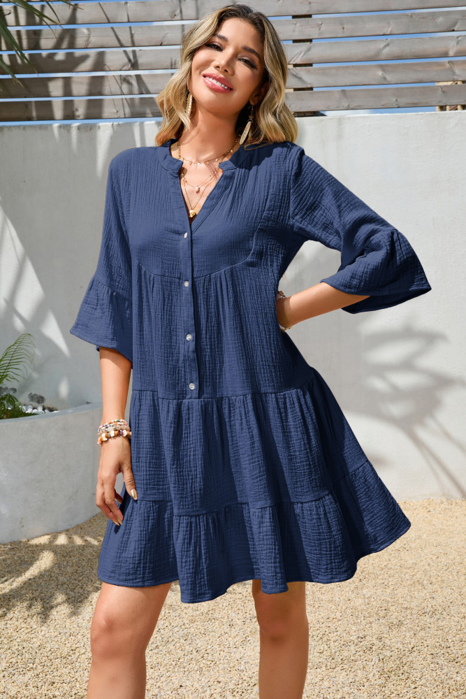 R.Vivimos Cotton Dresses for Women Summer V Neck 3/4 Flare Sleeve Button Front Casual Loose Tiered Mini Dress