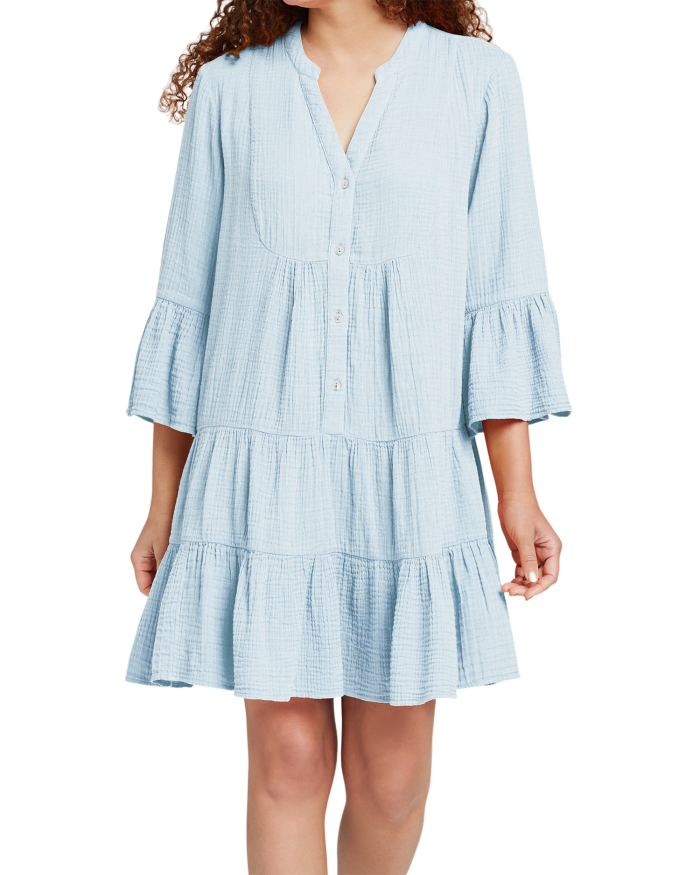 R.Vivimos Cotton Dresses for Women Summer V Neck 3/4 Flare Sleeve Button Front Casual Loose Tiered Mini Dress
