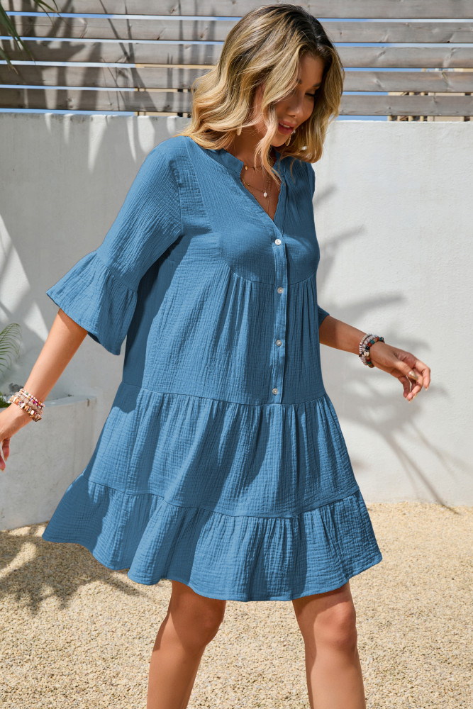 R.Vivimos Cotton Dresses for Women Summer V Neck 3/4 Flare Sleeve Button Front Casual Loose Tiered Mini Dress