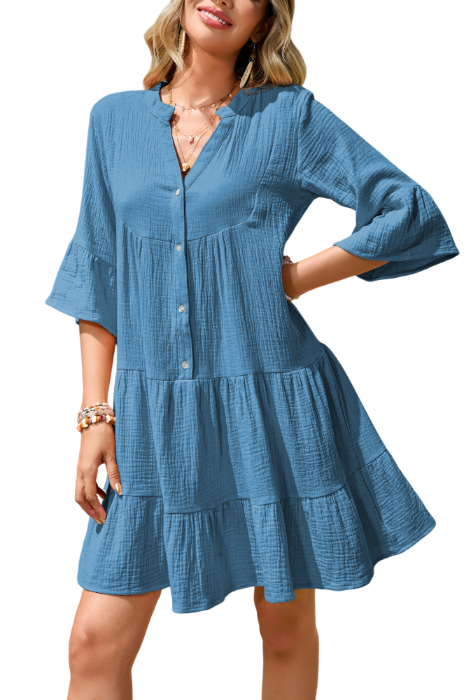 R.Vivimos Cotton Dresses for Women Summer V Neck 3/4 Flare Sleeve Button Front Casual Loose Tiered Mini Dress