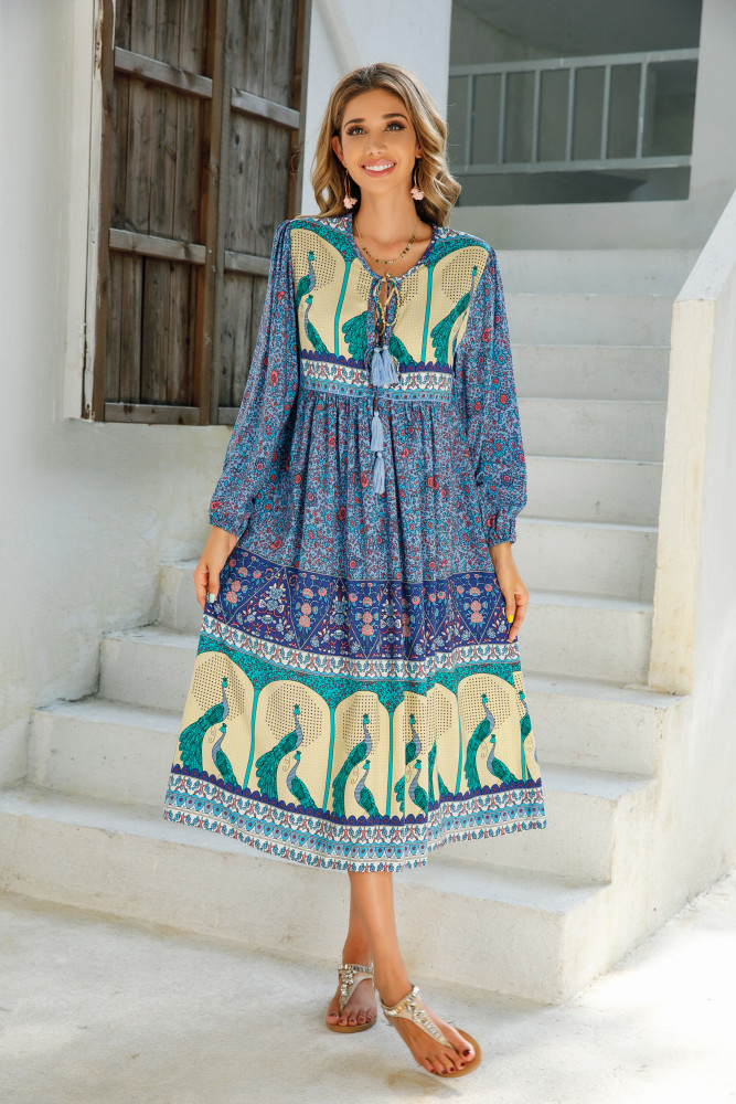 R.Vivimos Women's Long Sleeve Floral Print Retro V Neck Tassel Bohemian Midi Dresses