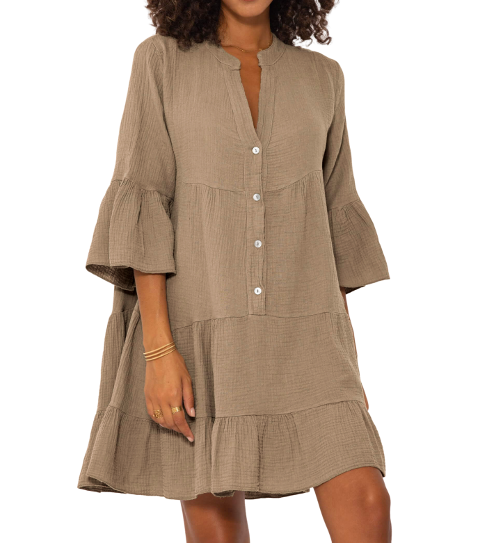 R.Vivimos Cotton Dresses for Women Summer V Neck 3/4 Flare Sleeve Button Front Casual Loose Tiered Mini Dress