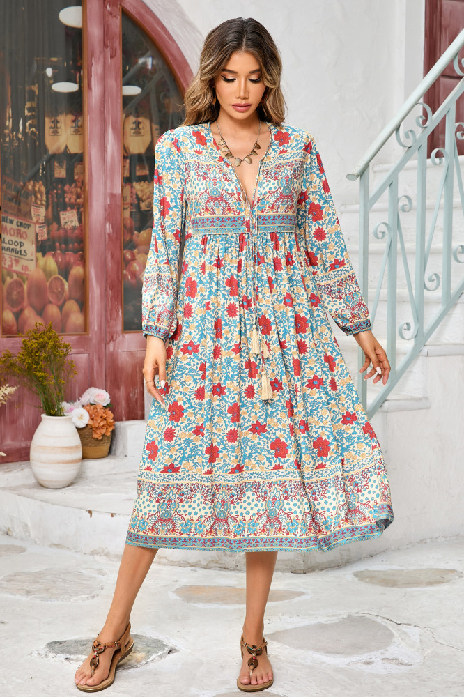 R.Vivimos Women's Long Sleeve Floral Print Retro V Neck Tassel Bohemian Midi Dresses