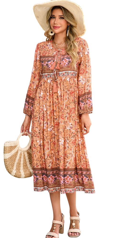 R.Vivimos Women's Long Sleeve Floral Print Retro V Neck Tassel Bohemian Midi Dresses