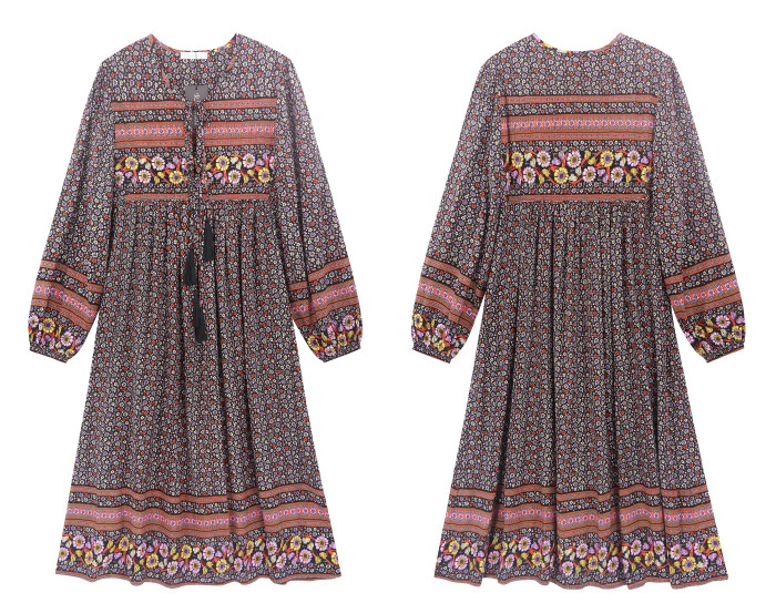 R.Vivimos Women's Long Sleeve Floral Print Retro V Neck Tassel Bohemian Midi Dresses