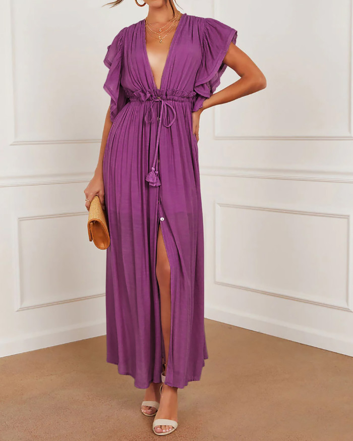 R.Vivimos Maxi Dresses for Women 2025 Summer Short Sleeve V Neck Elastic Waist Boho Loose Flowy Long Dresses with Pockets