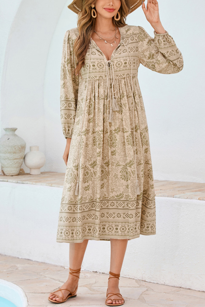 R.Vivimos Women's Long Sleeve Floral Print Retro V Neck Tassel Bohemian Midi Dresses