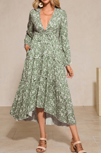 R.Vivimos Fall Floral Dress for Women 2025 Boho Long Sleeve V Neck Drawstring Tie Loose Tiered Flowy Midi Dress with Pockets