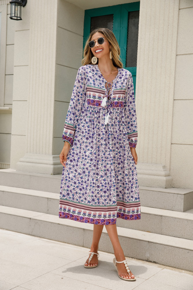 R.Vivimos Women's Long Sleeve Floral Print Retro V Neck Tassel Bohemian Midi Dresses