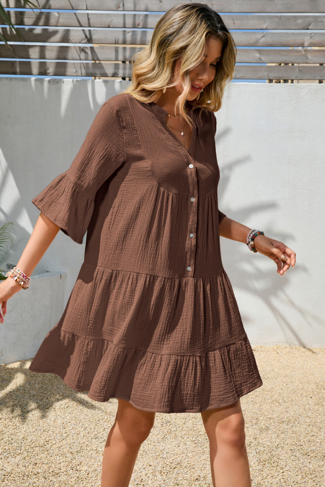 R.Vivimos Cotton Dresses for Women Summer V Neck 3/4 Flare Sleeve Button Front Casual Loose Tiered Mini Dress