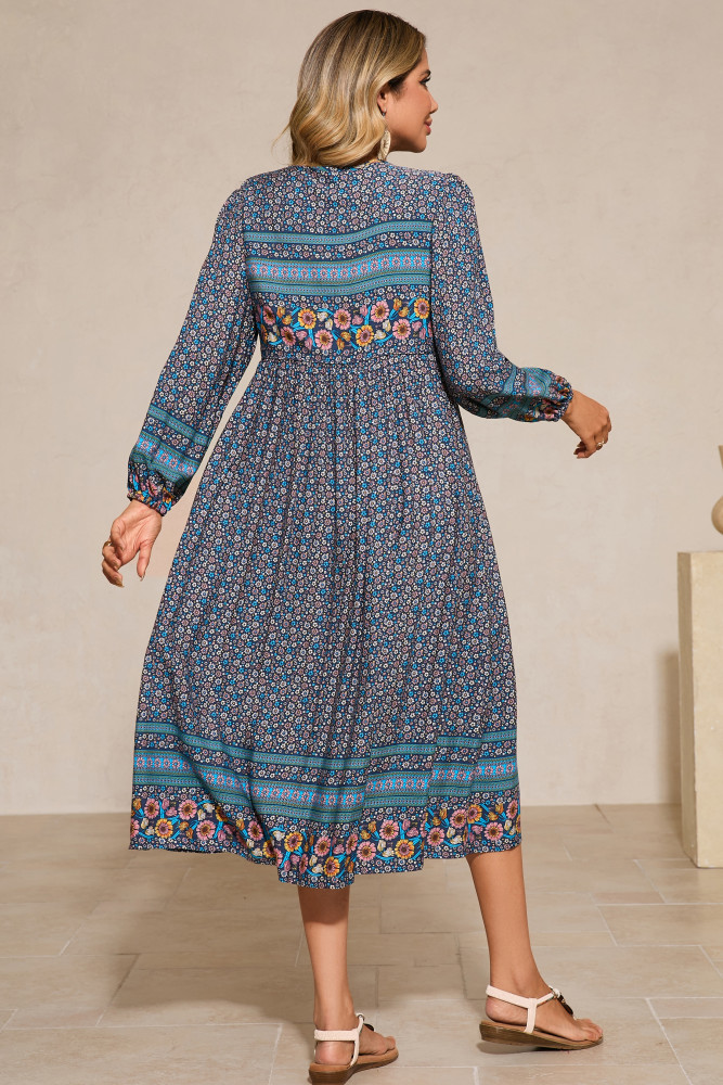 R.Vivimos Women's Long Sleeve Floral Print Retro V Neck Tassel Bohemian Midi Dresses