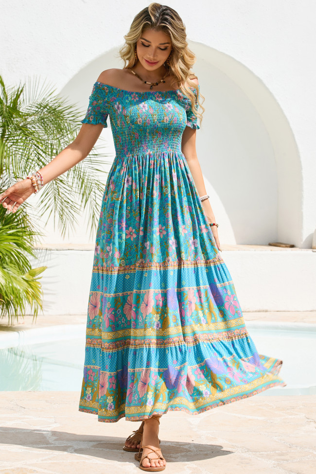R.Vivimos Women's Summer Maxi Off-Shoulder Dresses Short Sleeve Empire Waist Boho Floral Print Casual Smocked Flowy Dresses