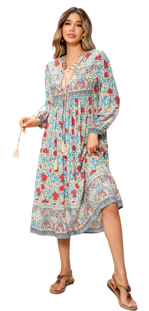 R.Vivimos Women's Long Sleeve Floral Print Retro V Neck Tassel Bohemian Midi Dresses