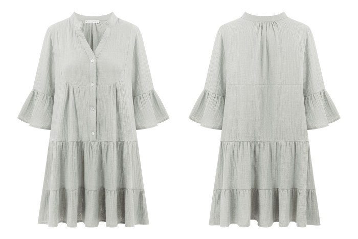 R.Vivimos Cotton Dresses for Women Summer V Neck 3/4 Flare Sleeve Button Front Casual Loose Tiered Mini Dress