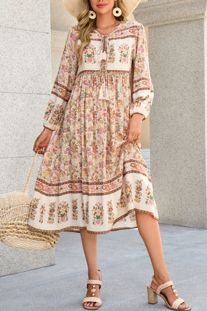 R.Vivimos Women's Long Sleeve Floral Print Retro V Neck Tassel Bohemian Midi Dresses