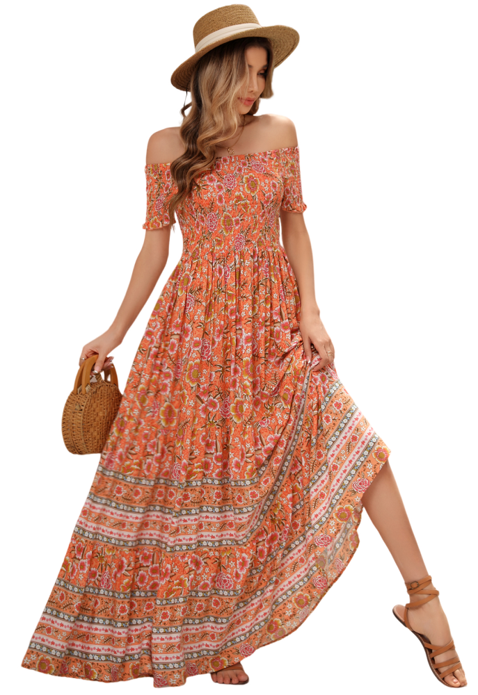 R.Vivimos Women's Summer Maxi Off-Shoulder Dresses Short Sleeve Empire Waist Boho Floral Print Casual Smocked Flowy Dresses