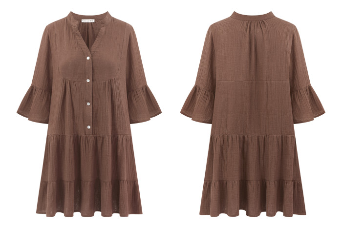 R.Vivimos Cotton Dresses for Women Summer V Neck 3/4 Flare Sleeve Button Front Casual Loose Tiered Mini Dress