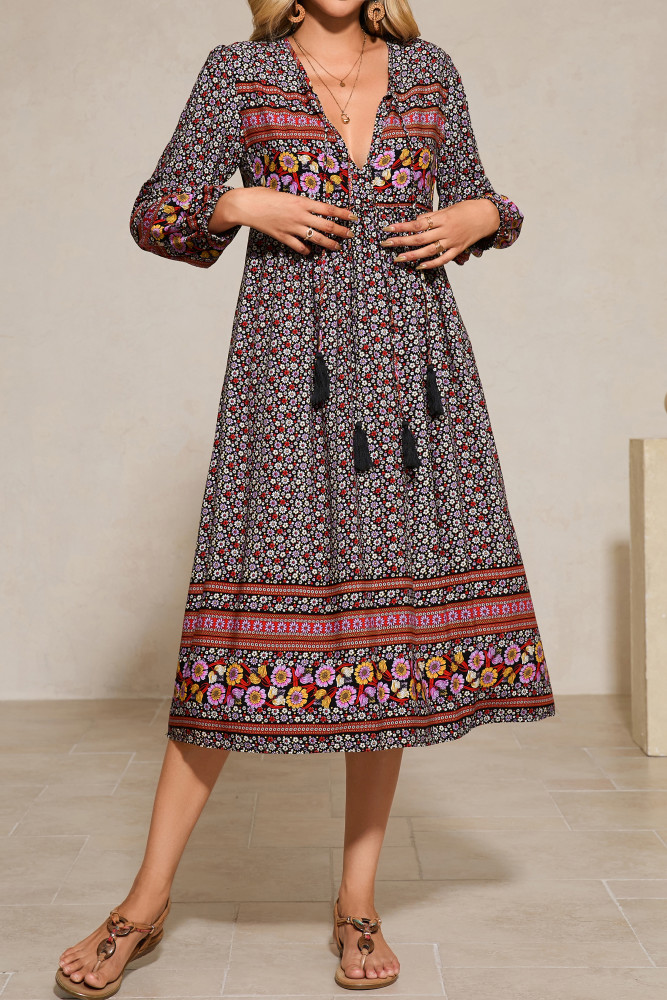 R.Vivimos Women's Long Sleeve Floral Print Retro V Neck Tassel Bohemian Midi Dresses