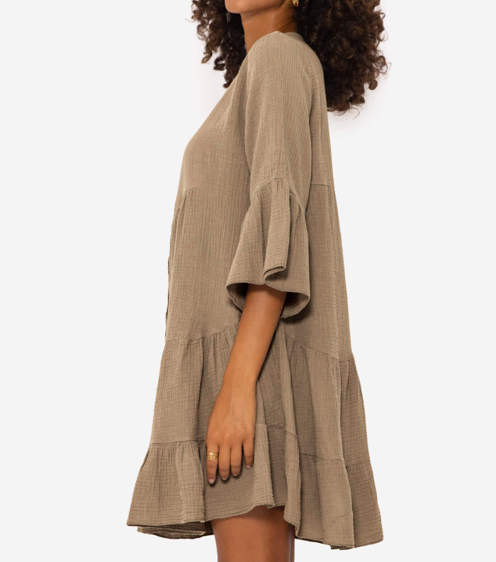 R.Vivimos Cotton Dresses for Women Summer V Neck 3/4 Flare Sleeve Button Front Casual Loose Tiered Mini Dress