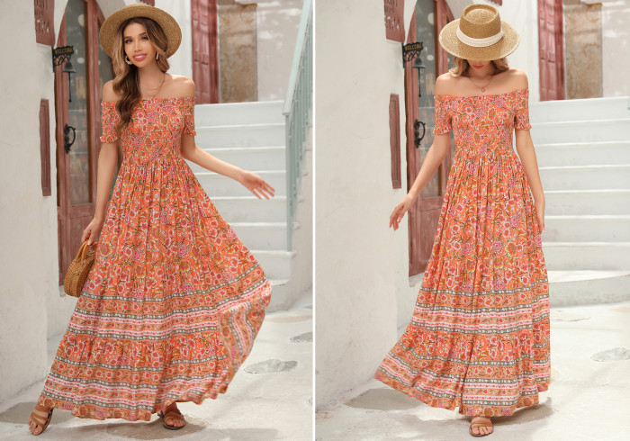 R.Vivimos Women's Summer Maxi Off-Shoulder Dresses Short Sleeve Empire Waist Boho Floral Print Casual Smocked Flowy Dresses