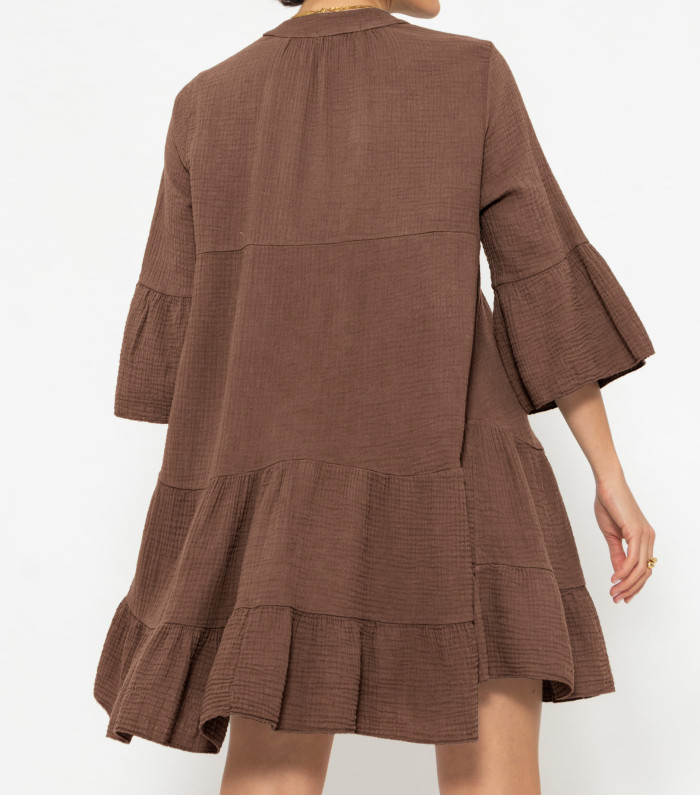 R.Vivimos Cotton Dresses for Women Summer V Neck 3/4 Flare Sleeve Button Front Casual Loose Tiered Mini Dress