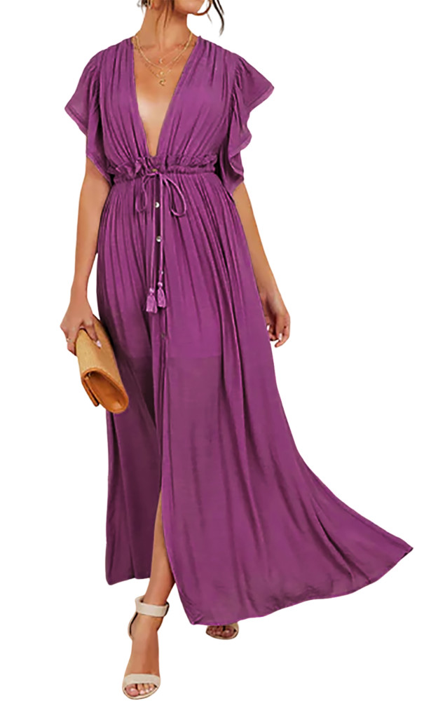 R.Vivimos Maxi Dresses for Women 2025 Summer Short Sleeve V Neck Elastic Waist Boho Loose Flowy Long Dresses with Pockets