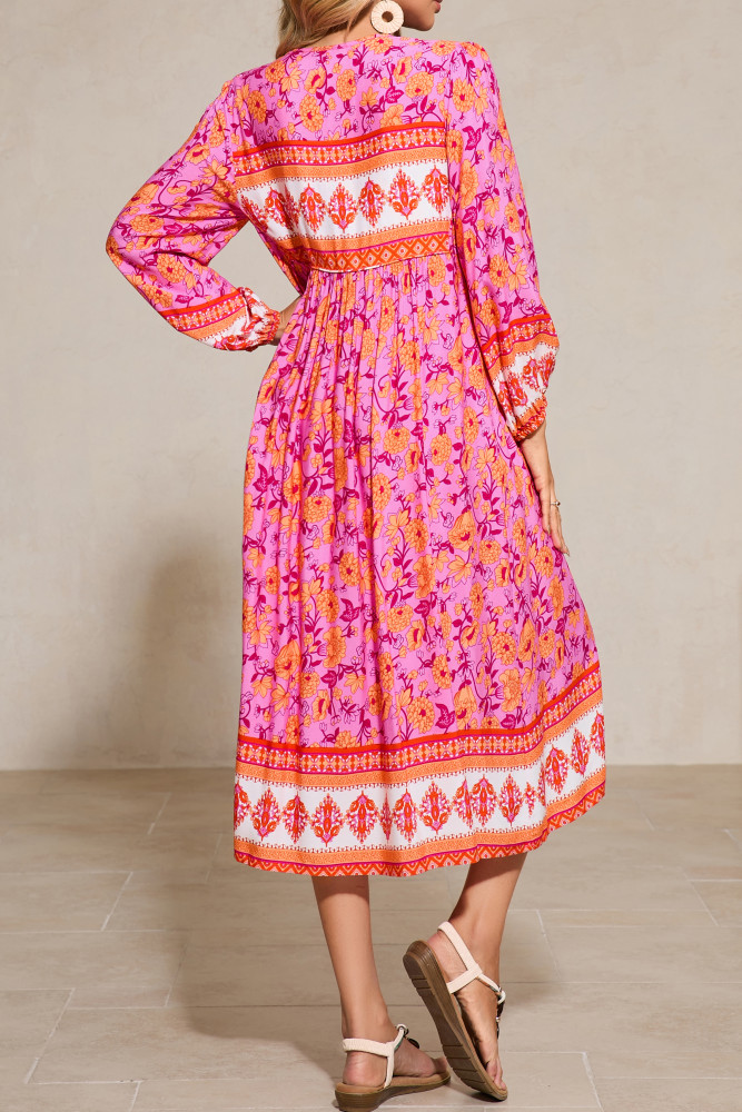 R.Vivimos Women's Long Sleeve Floral Print Retro V Neck Tassel Bohemian Midi Dresses