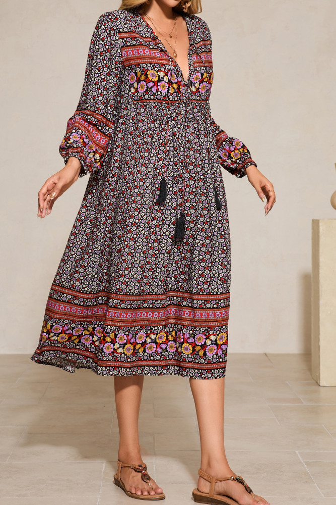 R.Vivimos Women's Long Sleeve Floral Print Retro V Neck Tassel Bohemian Midi Dresses