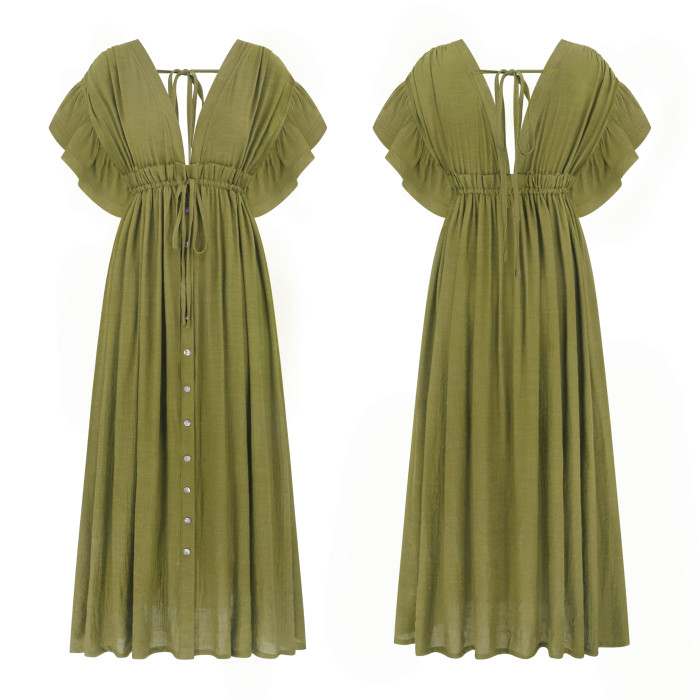 R.Vivimos Maxi Dresses for Women 2025 Summer Short Sleeve V Neck Elastic Waist Boho Loose Flowy Long Dresses with Pockets