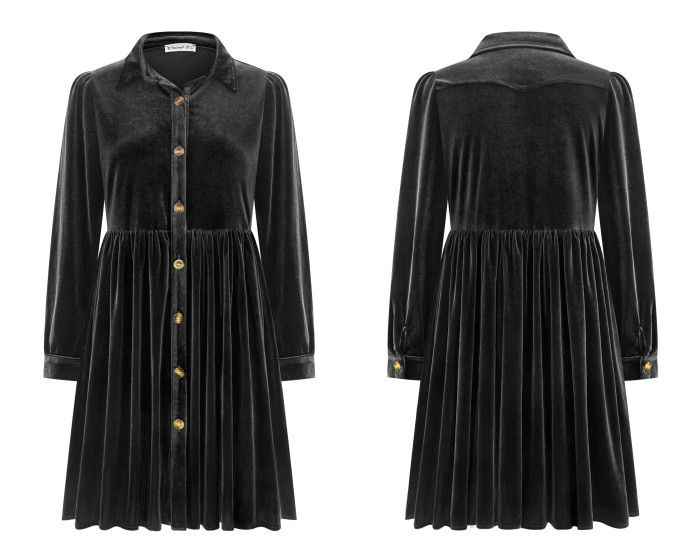 R.Vivimos Women's Fall Winter Velvet Button Down Mini Dress 2025 Long Sleeve Casual Swing Flowy Shirt Dress
