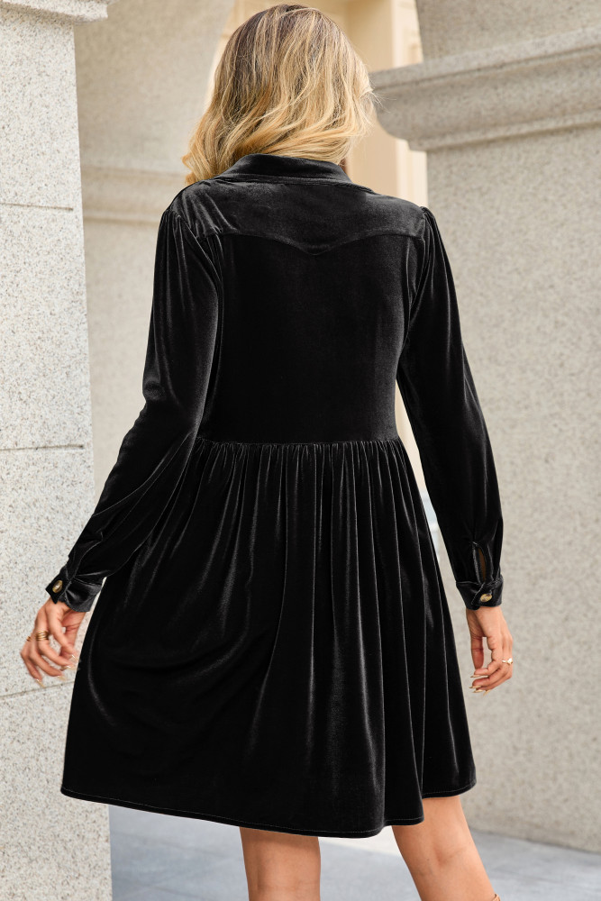 R.Vivimos Women's Fall Winter Velvet Button Down Mini Dress 2025 Long Sleeve Casual Swing Flowy Shirt Dress