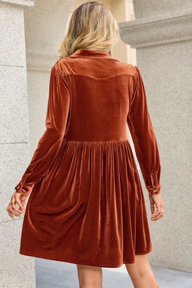 R.Vivimos Women's Fall Winter Velvet Button Down Mini Dress 2025 Long Sleeve Casual Swing Flowy Shirt Dress
