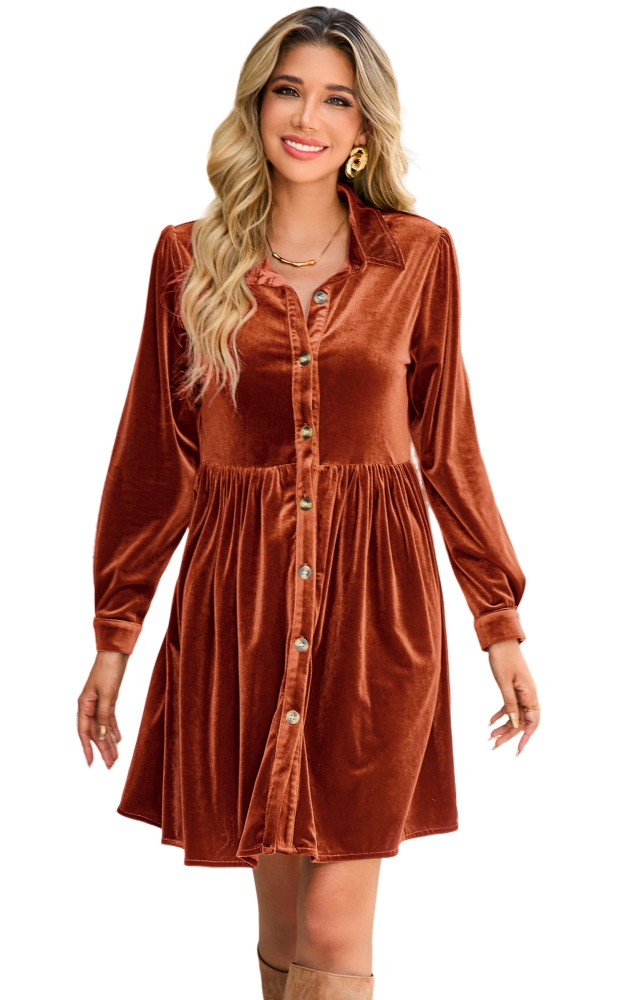 R.Vivimos Women's Fall Winter Velvet Button Down Mini Dress 2025 Long Sleeve Casual Swing Flowy Shirt Dress