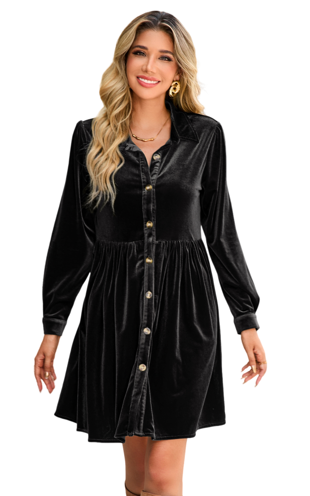 R.Vivimos Women's Fall Winter Velvet Button Down Mini Dress 2025 Long Sleeve Casual Swing Flowy Shirt Dress