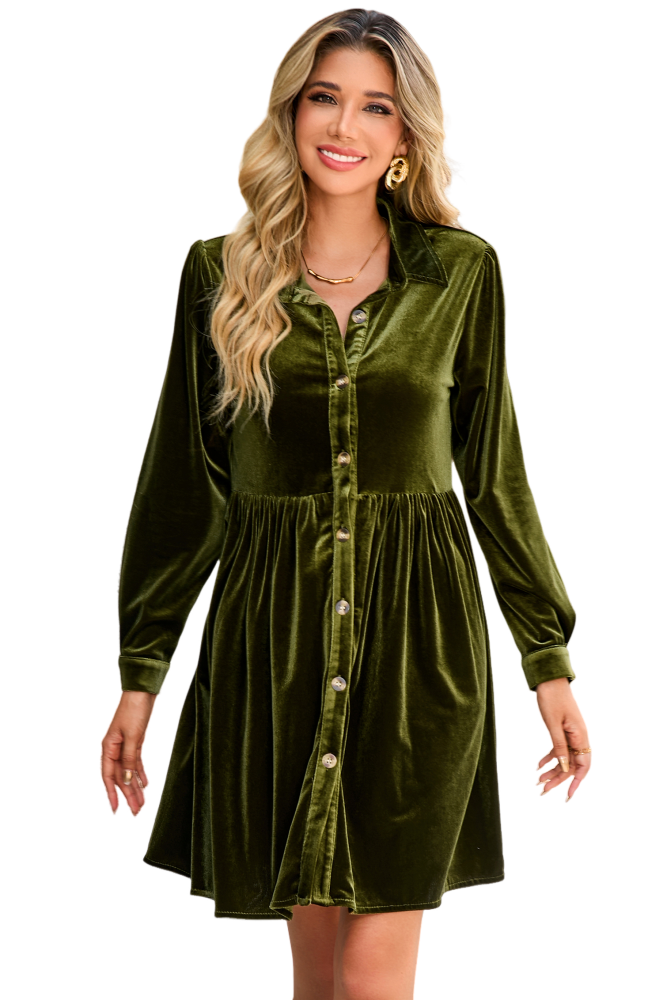 R.Vivimos Women's Fall Winter Velvet Button Down Mini Dress 2025 Long Sleeve Casual Swing Flowy Shirt Dress