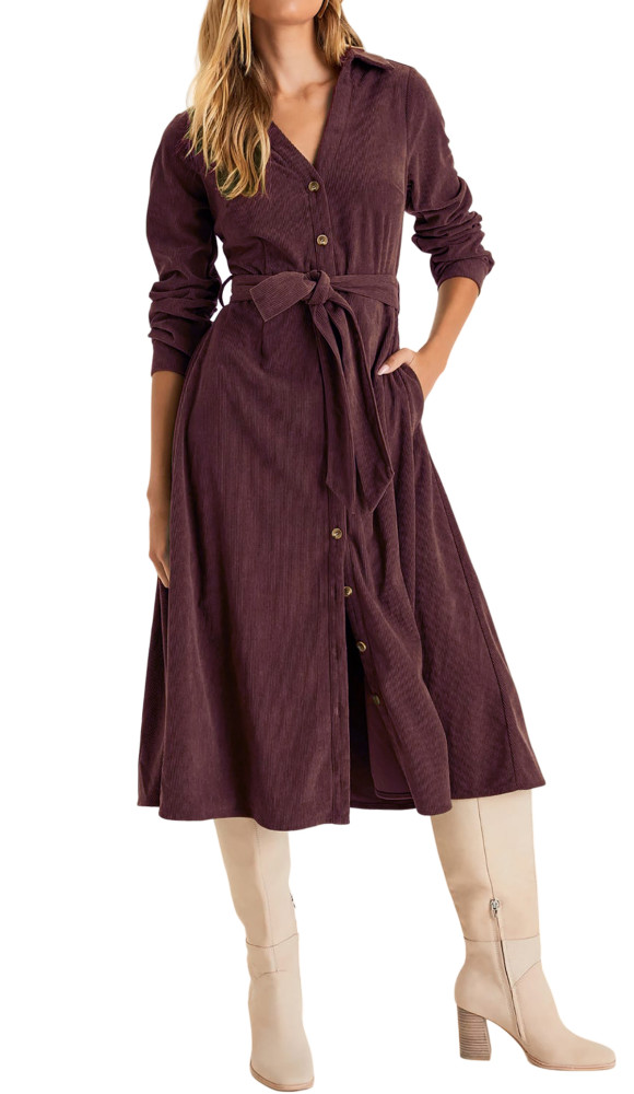 R.Vivimos Womens Fall Winter Corduroy Midi Dress Long Sleeve V Neck Button Down Belted Flowy Shirt Dress with Pockets