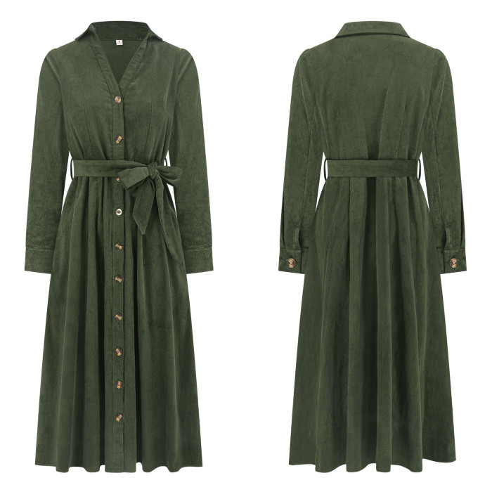 R.Vivimos Womens Fall Winter Corduroy Midi Dress Long Sleeve V Neck Button Down Belted Flowy Shirt Dress with Pockets