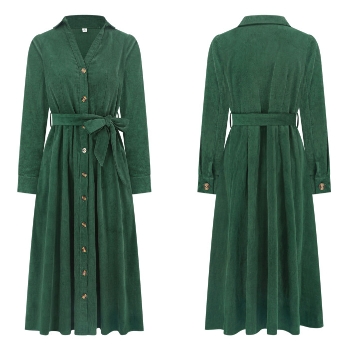 R.Vivimos Womens Fall Winter Corduroy Midi Dress Long Sleeve V Neck Button Down Belted Flowy Shirt Dress with Pockets