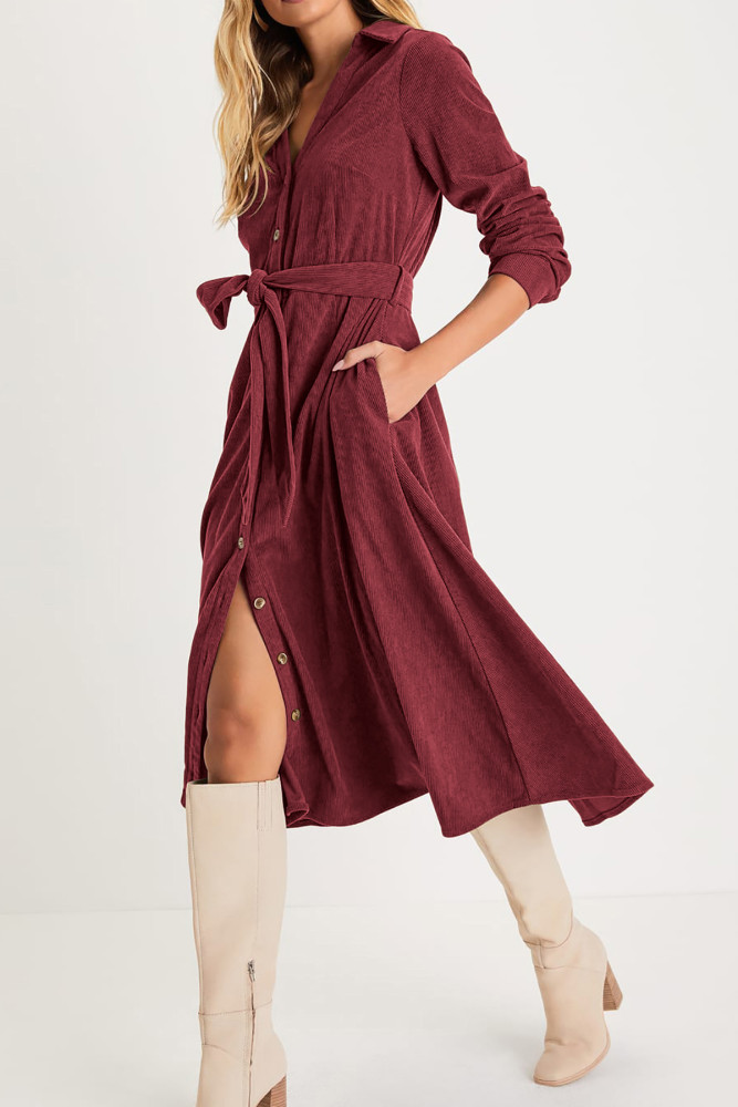 R.Vivimos Womens Fall Winter Corduroy Midi Dress Long Sleeve V Neck Button Down Belted Flowy Shirt Dress with Pockets