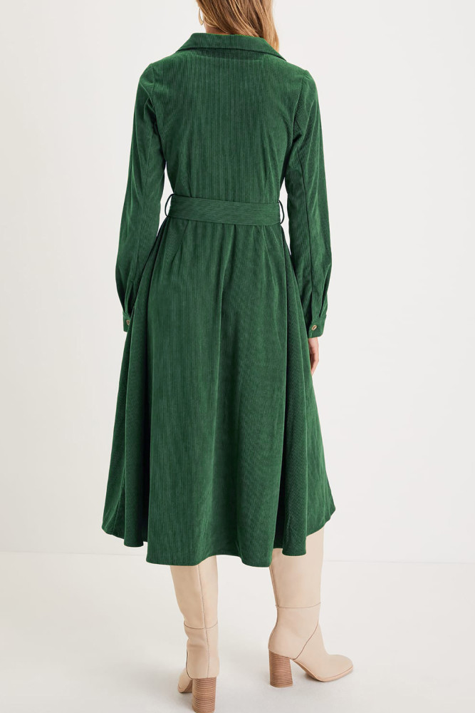 R.Vivimos Womens Fall Winter Corduroy Midi Dress Long Sleeve V Neck Button Down Belted Flowy Shirt Dress with Pockets