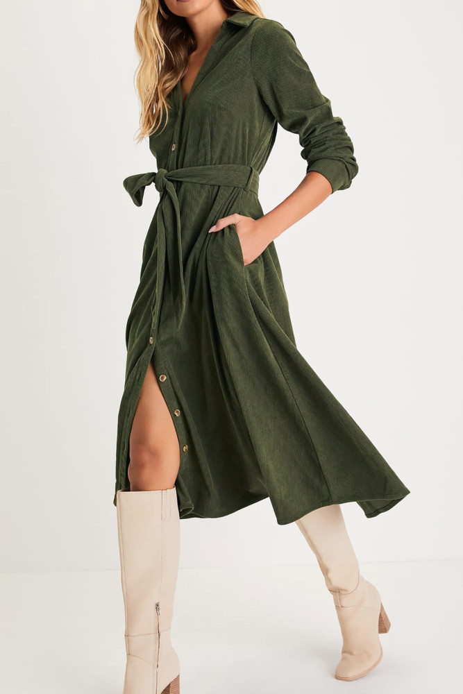R.Vivimos Womens Fall Winter Corduroy Midi Dress Long Sleeve V Neck Button Down Belted Flowy Shirt Dress with Pockets