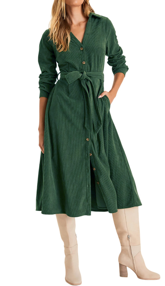 R.Vivimos Womens Fall Winter Corduroy Midi Dress Long Sleeve V Neck Button Down Belted Flowy Shirt Dress with Pockets