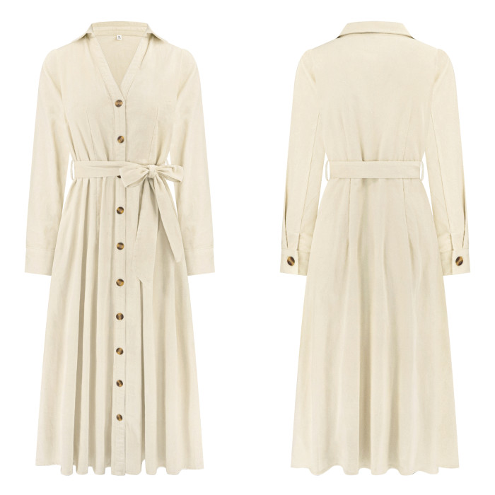 R.Vivimos Womens Fall Winter Corduroy Midi Dress Long Sleeve V Neck Button Down Belted Flowy Shirt Dress with Pockets