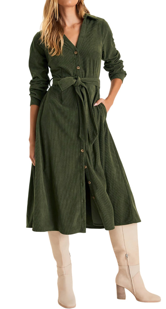 R.Vivimos Womens Fall Winter Corduroy Midi Dress Long Sleeve V Neck Button Down Belted Flowy Shirt Dress with Pockets
