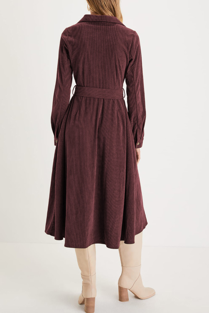 R.Vivimos Womens Fall Winter Corduroy Midi Dress Long Sleeve V Neck Button Down Belted Flowy Shirt Dress with Pockets