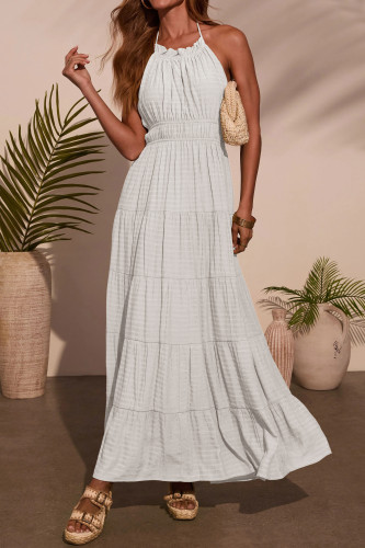 R.Vivimos Maxi Halter Dresses for Women Summer 2025 Boho Sleeveless Elastic Waist Sexy Backless Tiered Flowy Beach Sundress
