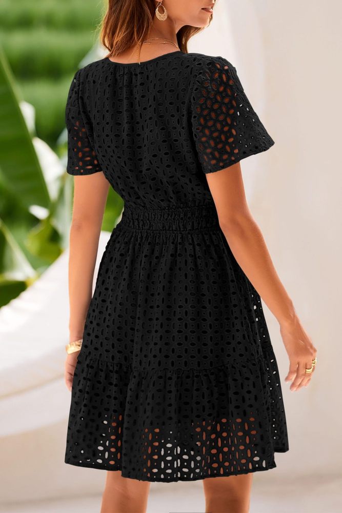 R.Vivimos Womens Summer Cotton Eyelet Dress 2025 Short Sleeve V Neck Elastic Waist Embroidered Hollow Out A-Line Mini Dress