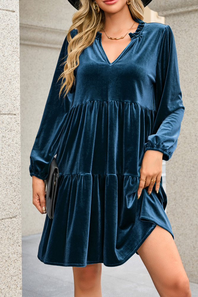 sachin and babi light blue dress Halara V-Neck Long Sleeve Wrapped Ruffle Hem Mini Casual Velvet Dress Casual Dress - Deep Wine main image 1